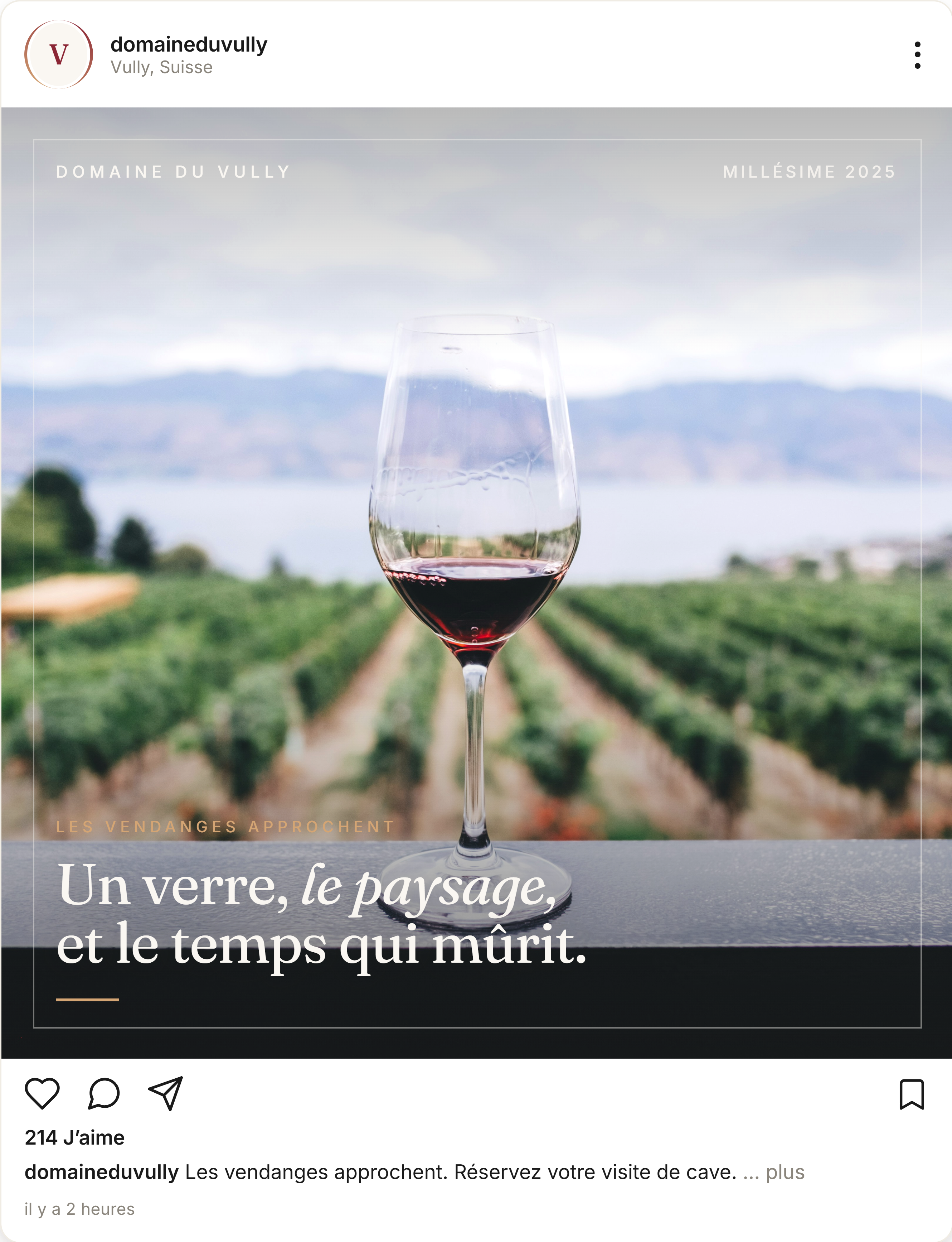 Publication Instagram soignée pour un domaine viticole fribourgeois