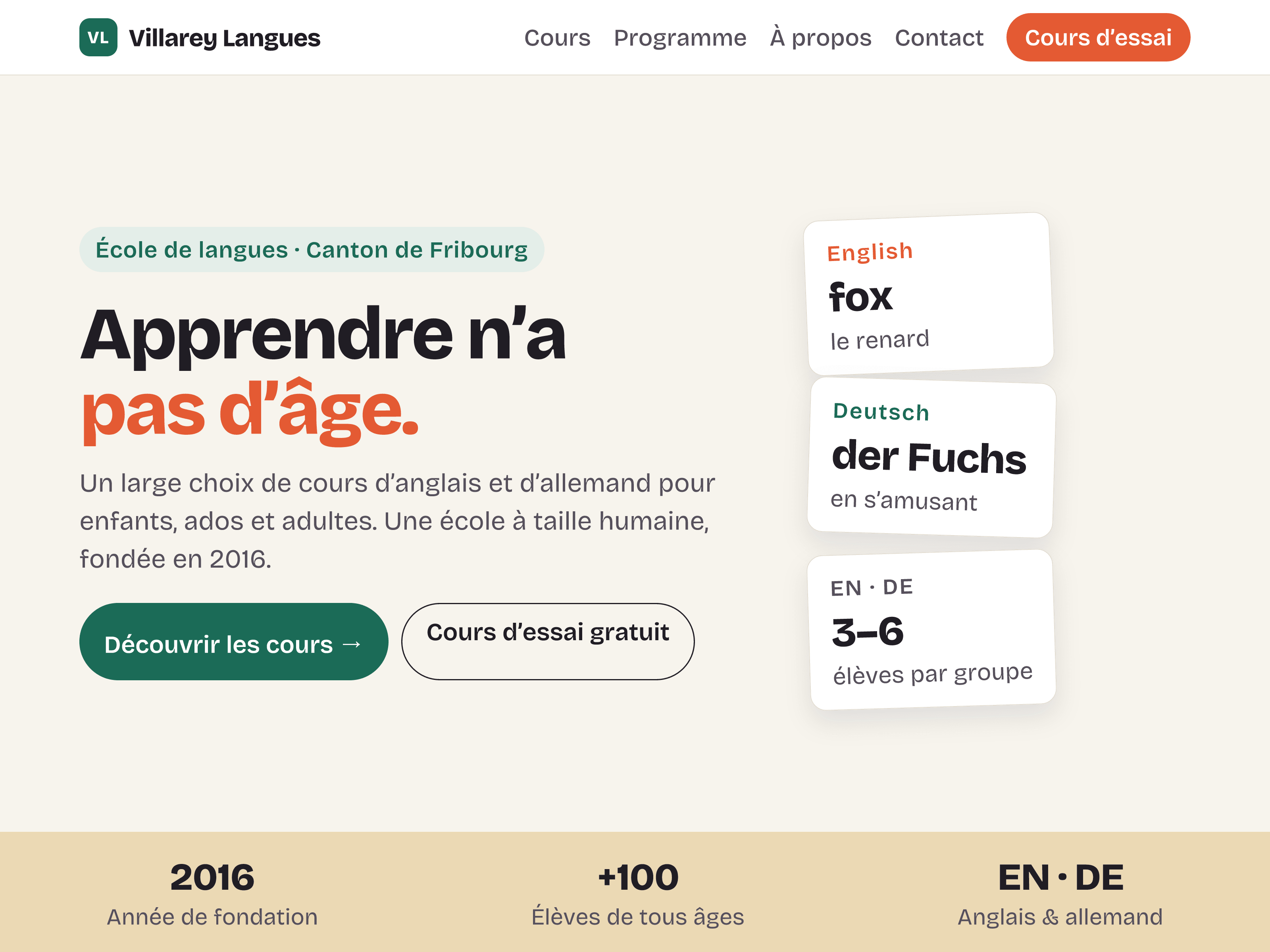 Site web — école de langues, page d’accueil