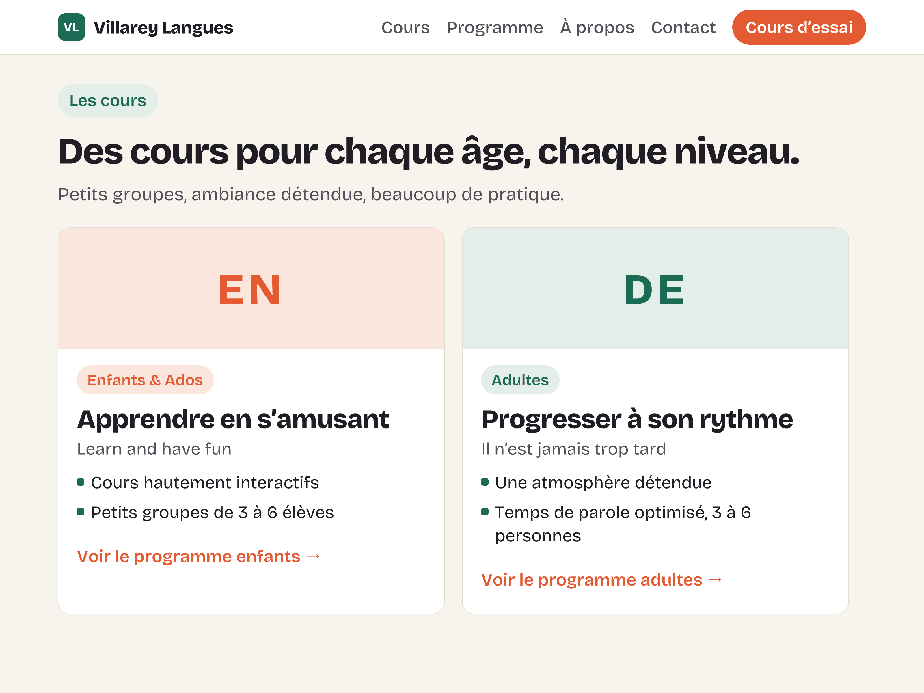 Site web — école de langues, section cours